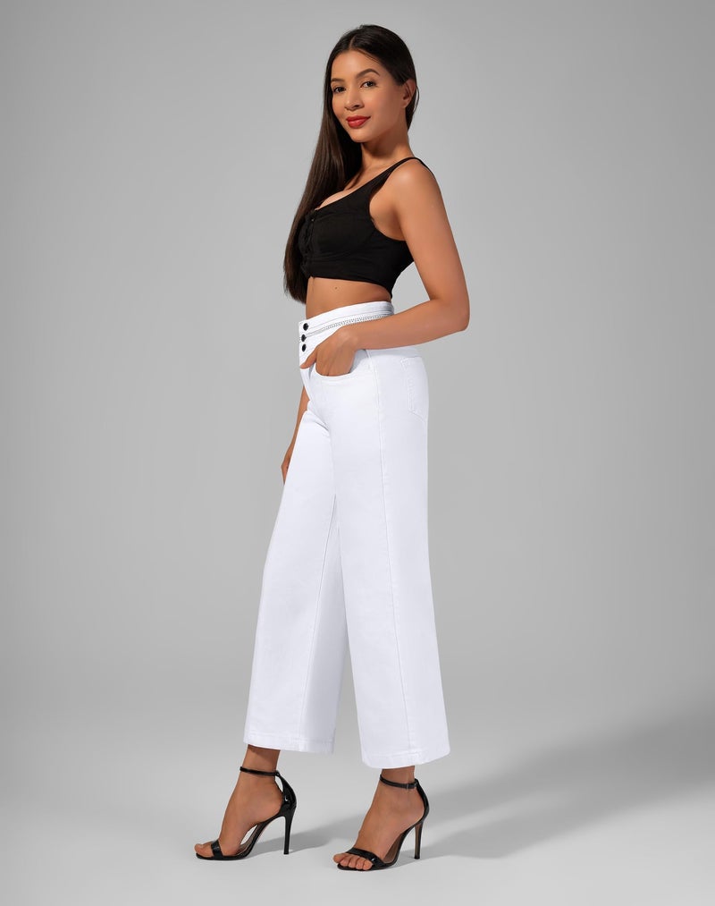 roswear Women's Wide Leg Petite Jeans High Waisted Stretchy Cropped Denim Pants White Medium - Image 3