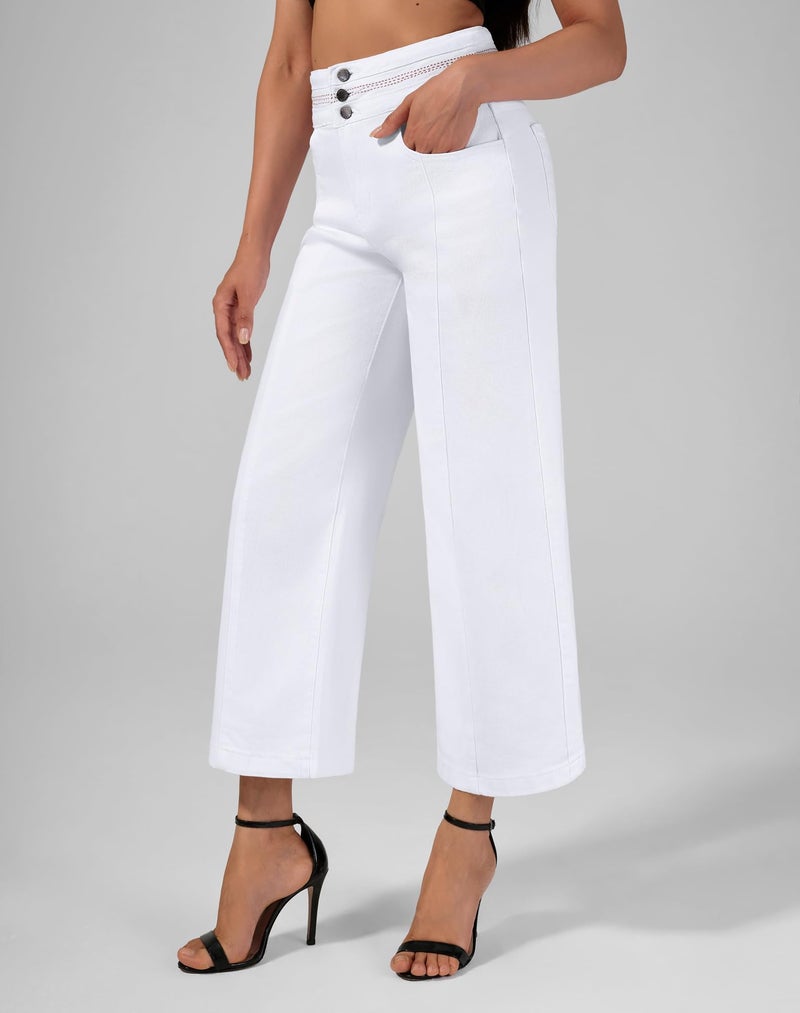 roswear Women's Wide Leg Petite Jeans High Waisted Stretchy Cropped Denim Pants White Medium - Image 2