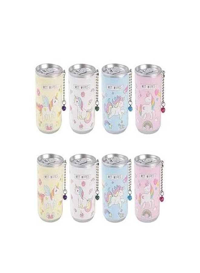 ECLET Unicorn Mini Wet Wipes Tin Pack of 8 Unicorn Tin Shape Mini Portable Wet Wipes Tissue Can for Cleaning Face Body for Kids Women and Men 60PCs Wet Wipes - Pack of 8 Random Colour - Image 1