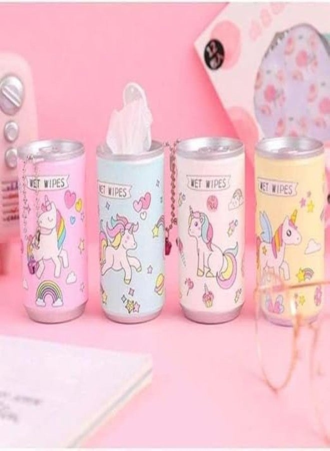 ECLET Unicorn Mini Wet Wipes Tin Pack of 8 Unicorn Tin Shape Mini Portable Wet Wipes Tissue Can for Cleaning Face Body for Kids Women and Men 60PCs Wet Wipes - Pack of 8 Random Colour - Image 3