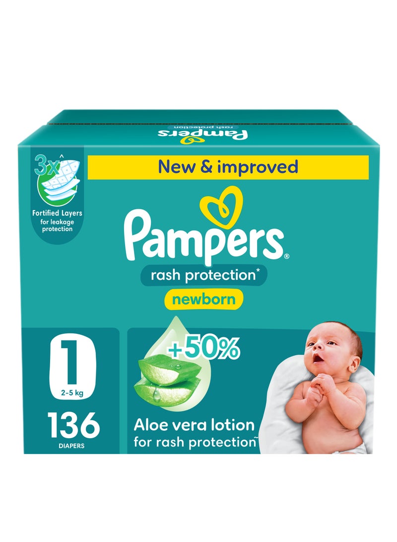 Pampers Rash Protection Taped Diapers Size 1 2-5kg - 136 Diaper - Image 1