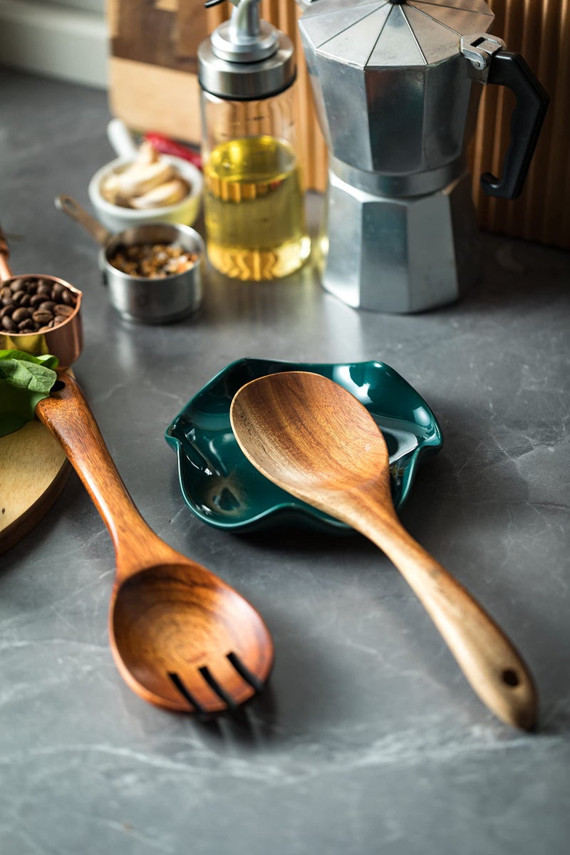 Miamolo Ceramic Spoon Rest for Kitchen Counter, Spoon Holder for Stove Top Coffee Bar, Cooking Utensil Holder, Cute Flatware Rests Heat Resistant & Dishwasher Safe for Housewarming Gifts, Dark Green - Image 3