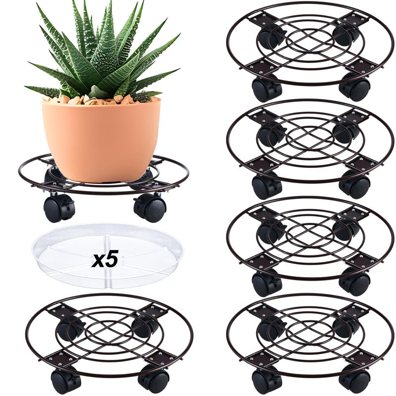 Planterhoma 5 Packs Large Metal Plant Caddy 11.8â€ Plant Dolly with Casters Heavy Duty Wrought Iron Rolling Plant Stand with Wheels for Indoor and Outdoor Plant Pot Roller Base Plant Movers Brown - Image 1