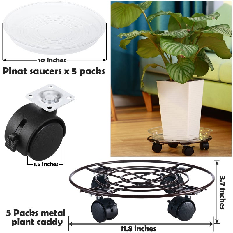 Planterhoma 5 Packs Large Metal Plant Caddy 11.8â€ Plant Dolly with Casters Heavy Duty Wrought Iron Rolling Plant Stand with Wheels for Indoor and Outdoor Plant Pot Roller Base Plant Movers Brown - Image 3
