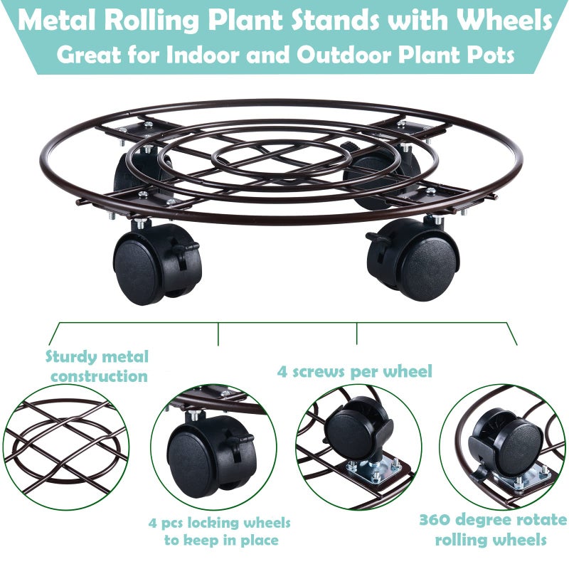 Planterhoma 5 Packs Large Metal Plant Caddy 11.8â€ Plant Dolly with Casters Heavy Duty Wrought Iron Rolling Plant Stand with Wheels for Indoor and Outdoor Plant Pot Roller Base Plant Movers Brown - Image 2