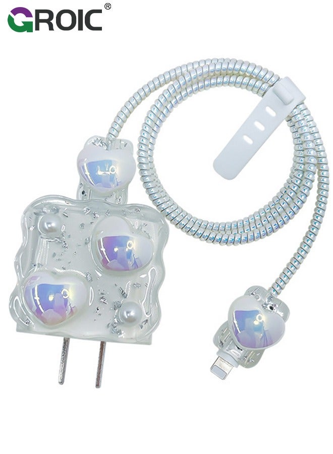 GROIC 5 Pcs 3D Pearl Heart Charger Case, Cable Protector for iPhone Charger, Data Line USB Case Wire Cable Saver Phone Charger Protector for Women Girls  - Image 1