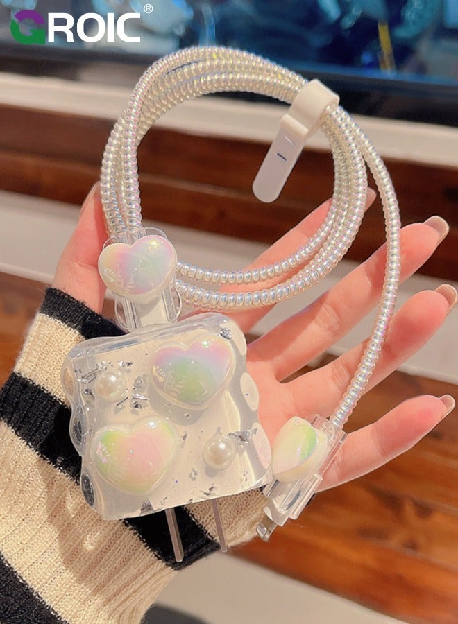 GROIC 5 Pcs 3D Pearl Heart Charger Case, Cable Protector for iPhone Charger, Data Line USB Case Wire Cable Saver Phone Charger Protector for Women Girls  - Image 2