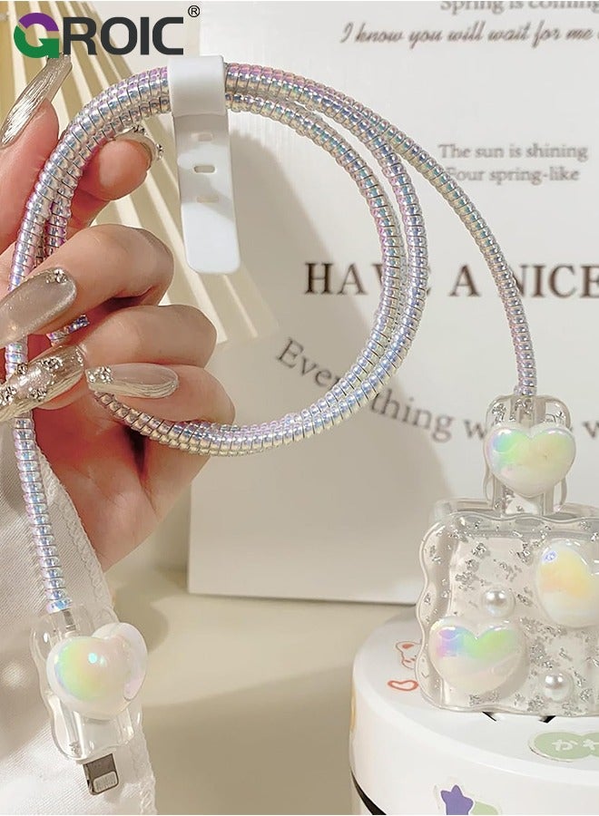 5 Pcs 3D Pearl Heart Charger Case, Cable Protector for iPhone Charger, Data Line USB Case Wire Cable Saver Phone Charger Protector for Women Girls