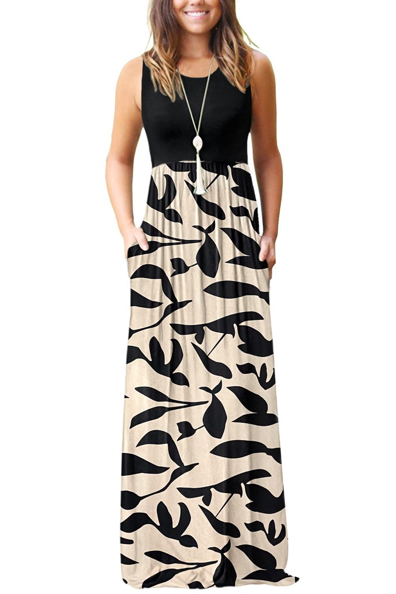 AUSELILY Women's Summer Sleeveless Loose Maxi Dress Casual Long Dresses with Pockets 2025 New(M, Black Leaf) - Image 1