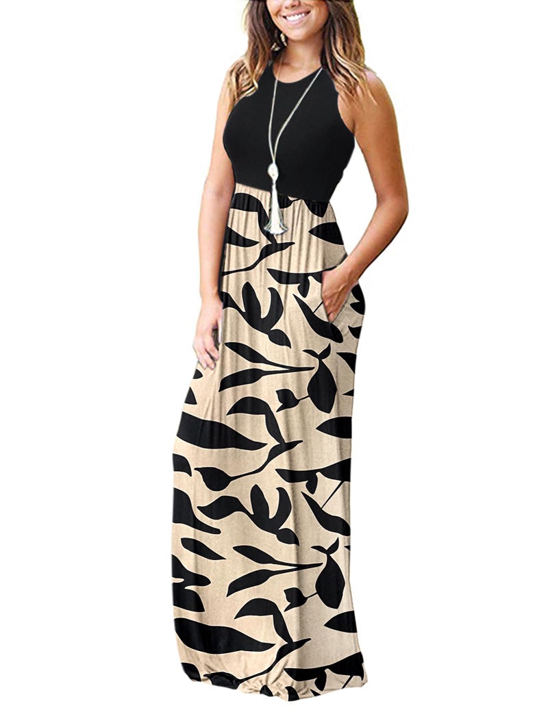 AUSELILY Women's Summer Sleeveless Loose Maxi Dress Casual Long Dresses with Pockets 2025 New(M, Black Leaf) - Image 2