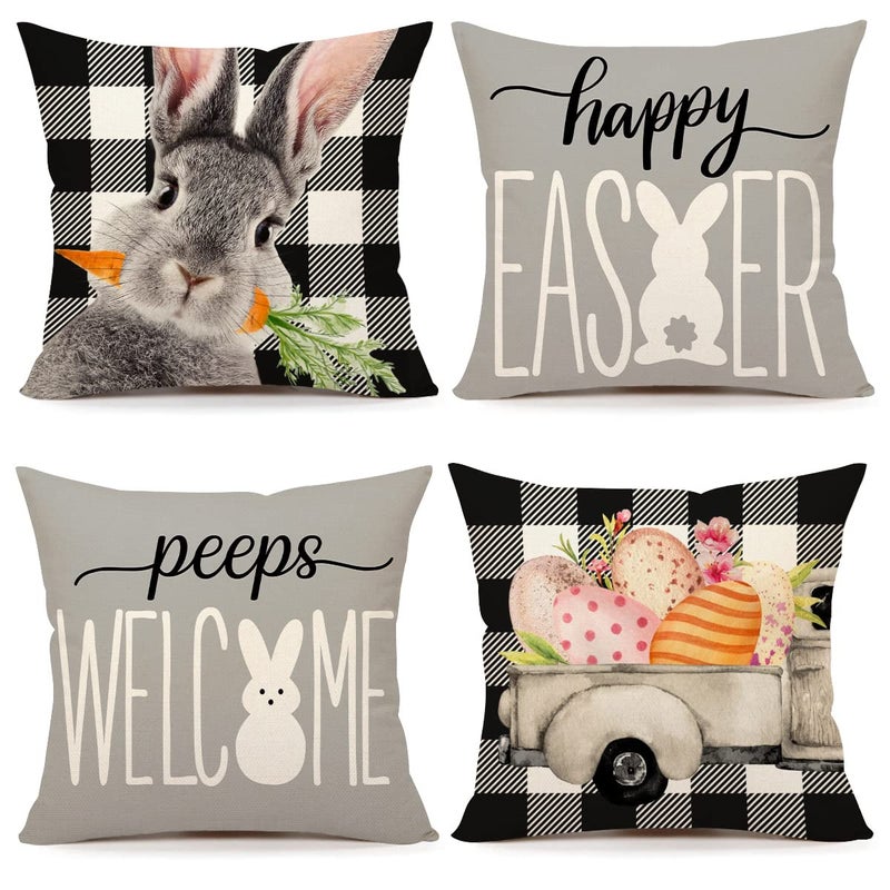 4TH Emotion Easter Pillow Covers 18x18 Set of 4 Easter Decorations for Spring Farmhouse Pillows Easter Decorative Throw Pillows Buffalo Plaid Bunny Eggs Welcome Peeps Throw Cushion Case for Home Decor TH163