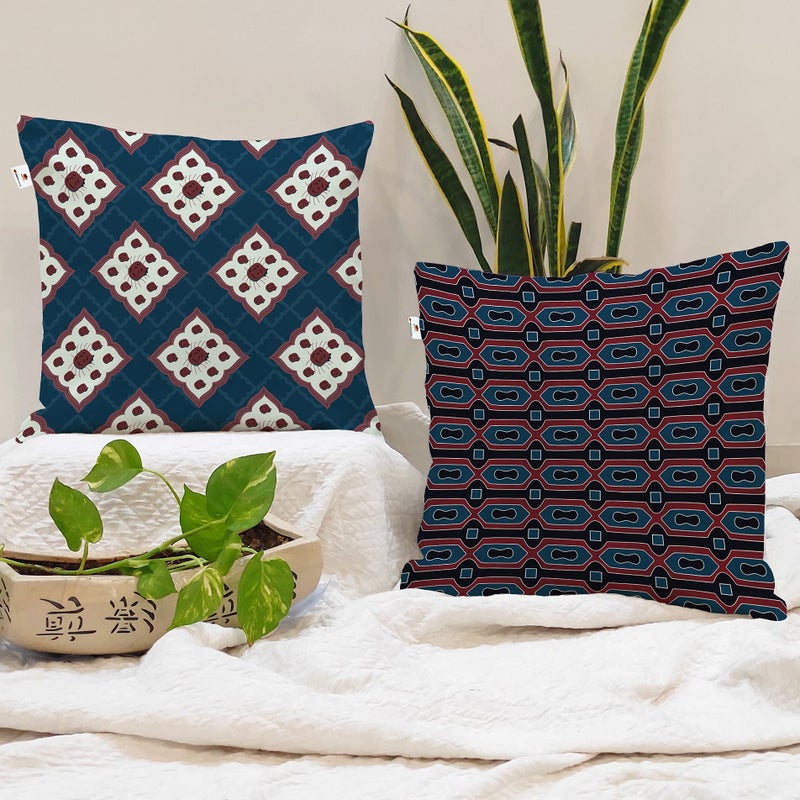 BRICK HOME Set of 2 Polycotton Printed Cushion Covers 24x24 Inches | Ethnic Geometric & Floral Pattern | Navy Blue, Maroon & Off-White | Soft Decorative Pillow Covers for Sofa, Couch & Living Room - Image 5