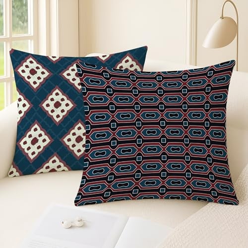 BRICK HOME Set of 2 Polycotton Printed Cushion Covers 24x24 Inches | Ethnic Geometric & Floral Pattern | Navy Blue, Maroon & Off-White | Soft Decorative Pillow Covers for Sofa, Couch & Living Room - Image 2