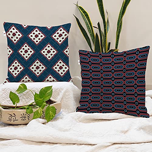 BRICK HOME Set of 2 Polycotton Printed Cushion Covers 24x24 Inches | Ethnic Geometric & Floral Pattern | Navy Blue, Maroon & Off-White | Soft Decorative Pillow Covers for Sofa, Couch & Living Room - Image 1