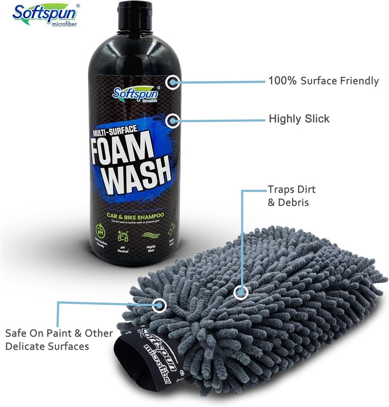 SOFTSPUN Microfiber 1Ltr Car & Bike pH Neutral Premium Liquid Shampoo+1700gsm 1pc Double Side Glove Grey Combo | Extra Suds, Removes Tough Dirt & Grime | Works with Bucket & Foam Cannon - Image 3