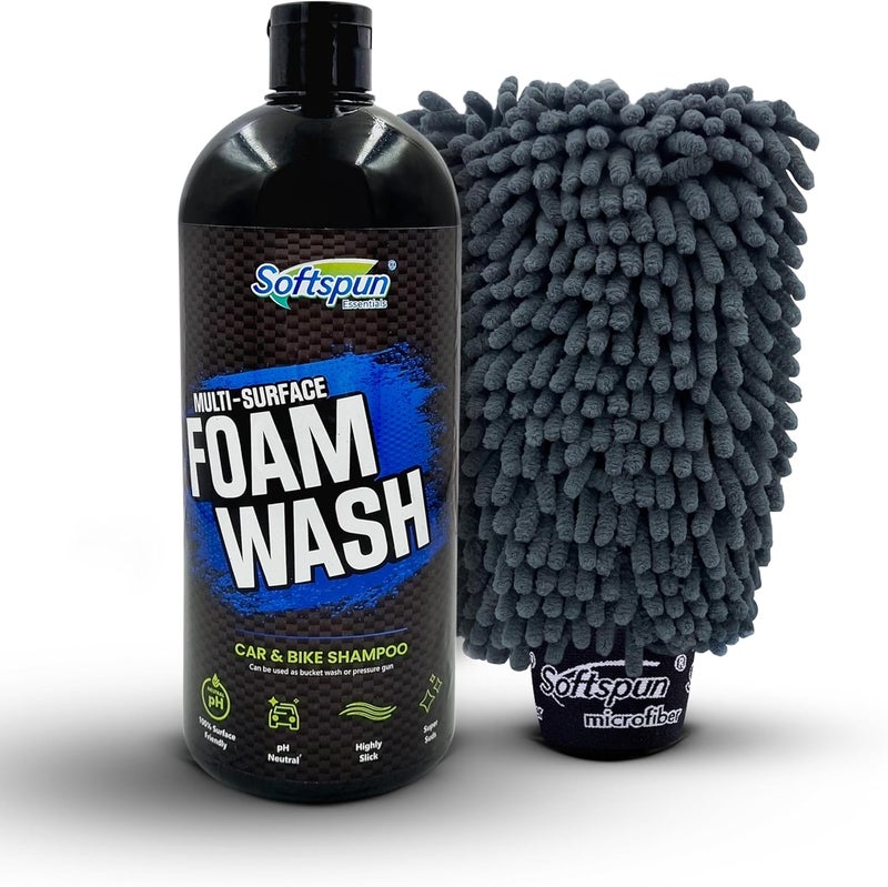 SOFTSPUN Microfiber 1Ltr Car & Bike pH Neutral Premium Liquid Shampoo+1700gsm 1pc Double Side Glove Grey Combo | Extra Suds, Removes Tough Dirt & Grime | Works with Bucket & Foam Cannon - Image 1