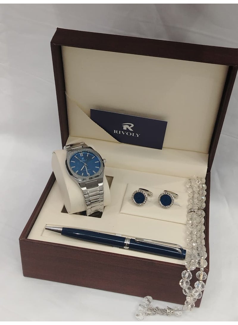 Rivoli Men's Gift Set includes a wristwatch, pen, cufflinks, and crystal rosary.