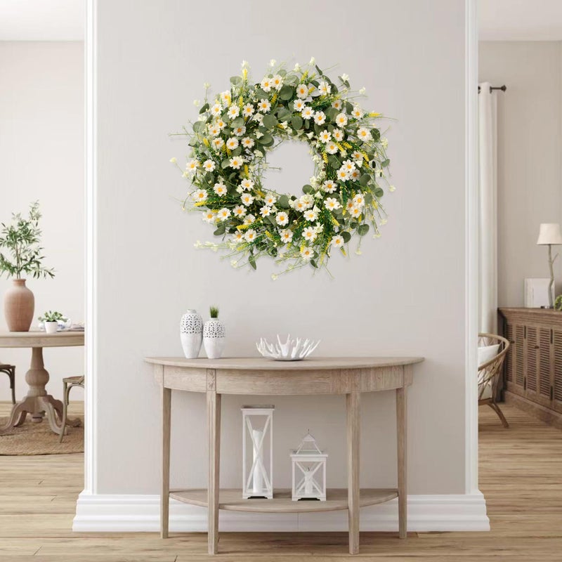 Sggvecsy White Daisy Wreath 24 Inch with Fake Silk Floral Green Eucalyptus Leaves and Lavender for Spring Summer Front Door Window Wall Wedding Farmhouse Festival Decor - Image 4