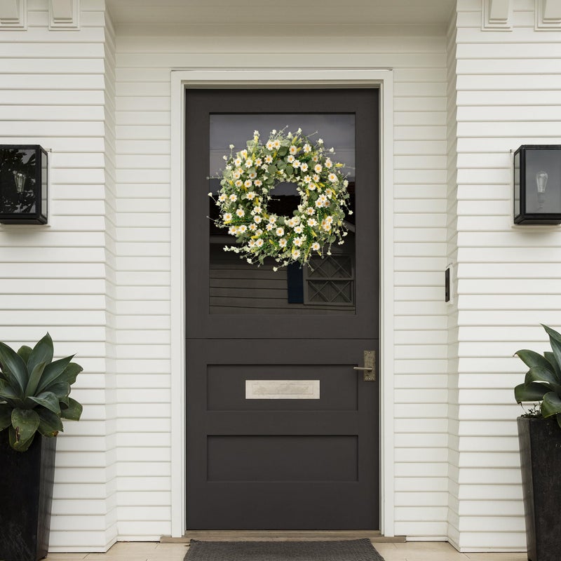 Sggvecsy White Daisy Wreath 24 Inch with Fake Silk Floral Green Eucalyptus Leaves and Lavender for Spring Summer Front Door Window Wall Wedding Farmhouse Festival Decor - Image 3