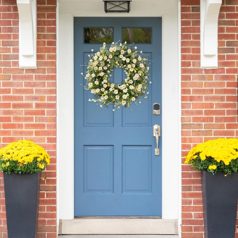 Sggvecsy White Daisy Wreath 24 Inch with Fake Silk Floral Green Eucalyptus Leaves and Lavender for Spring Summer Front Door Window Wall Wedding Farmhouse Festival Decor - Image 5