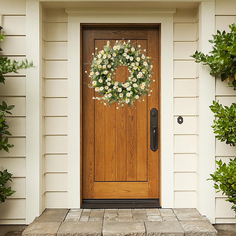 Sggvecsy White Daisy Wreath 24 Inch with Fake Silk Floral Green Eucalyptus Leaves and Lavender for Spring Summer Front Door Window Wall Wedding Farmhouse Festival Decor - Image 2