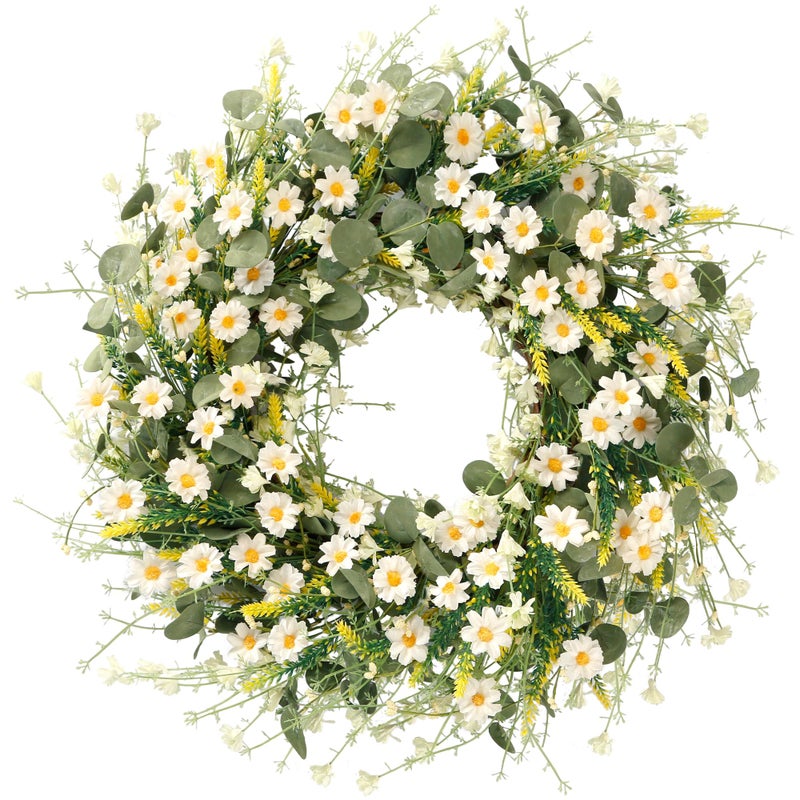 Sggvecsy White Daisy Wreath 24 Inch with Fake Silk Floral Green Eucalyptus Leaves and Lavender for Spring Summer Front Door Window Wall Wedding Farmhouse Festival Decor - Image 1