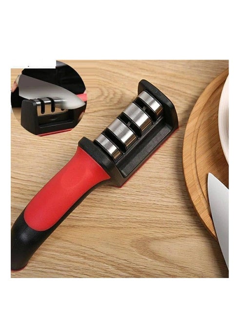 Knife sharpener and scissors with non-slip handle for kinds of knives, red kitchen tool