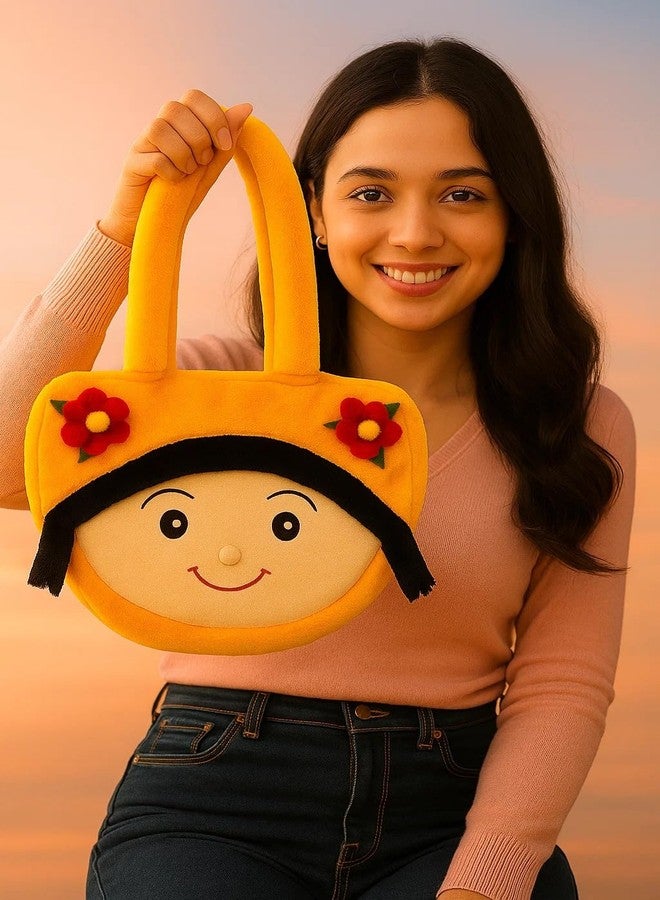 GT Gungun Toys Kids Plush Tote Bag for Girls | Cute Cartoon Doll Face Purse with Flowers | Soft Lightweight Handbag for Toddlers & Children | Birthday Gift (Yellow) - Image 5