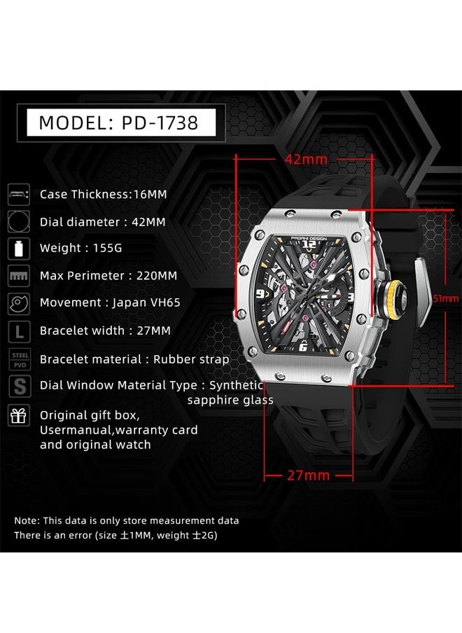 PAGANI DESIGN Men's Quartz Watches Stainless Steel Waterproof Tonneau Wrist Watch for Men with Japan VH65 Movement Silicone Watchband PD1738  - Image 5