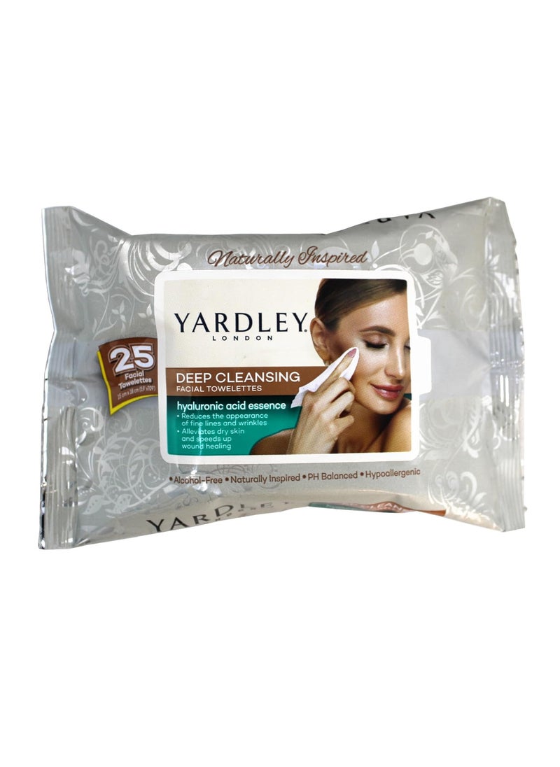 Yardley Yardley London Naturally Inspired Deep Cleansing Facial Towelettes with Hyaluronic Acid Essence Reduces Fine Lines and Wrinkles Alleviates Dry Skin Speeds Up Wound Healing Hypoallergenic 25 ct 