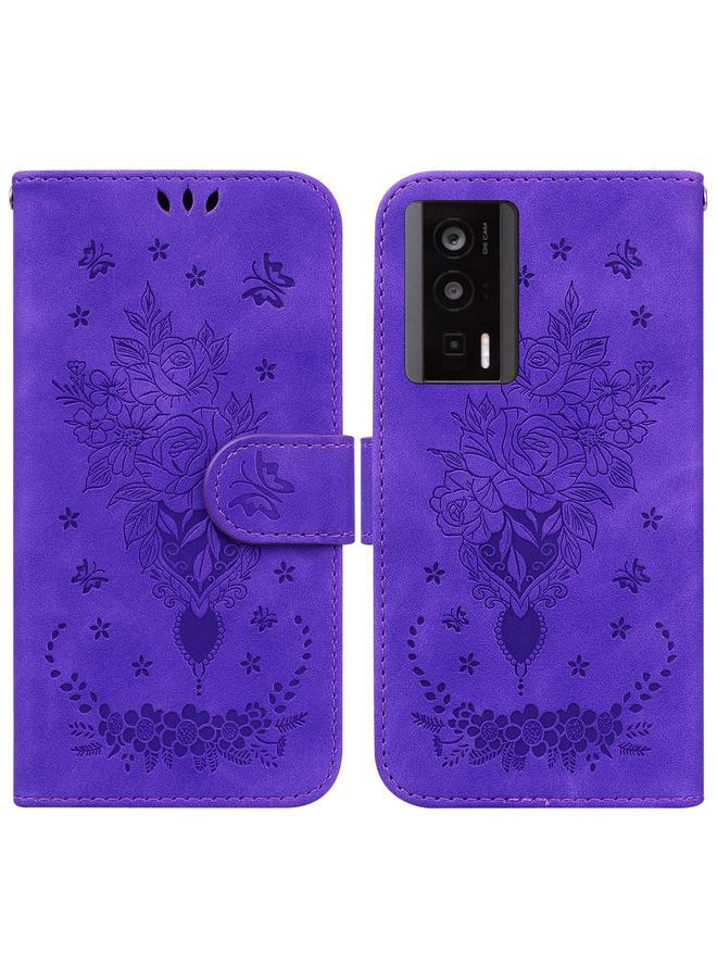 The Bros Case For Xiaomi Poco F5 Pro / Redmi K60 Butterfly Rose Embossed Leather Phone Case