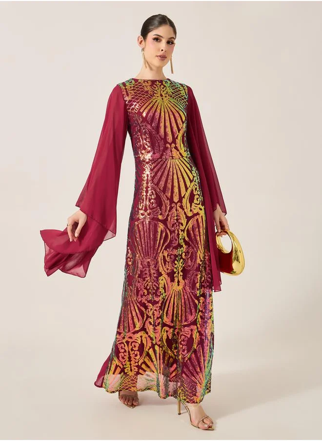 Styli Angel Sleeve Embellished Panel Kaftan