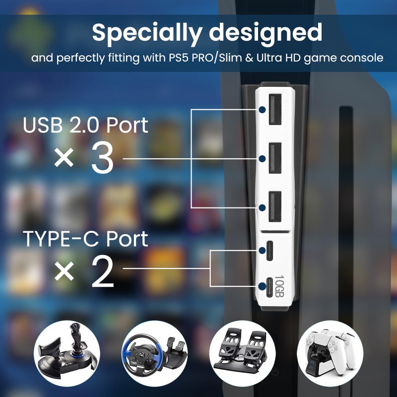 Raryars USB Hub for PS5 Slim & PS5 Pro USB Port Extender High-Speed Expansion Hub Extender PlayStation 5 Slim & PlayStation 5 Pro Adapter with 3 USB + 2 Type C Port(One Up to 10Gbps) - Image 3