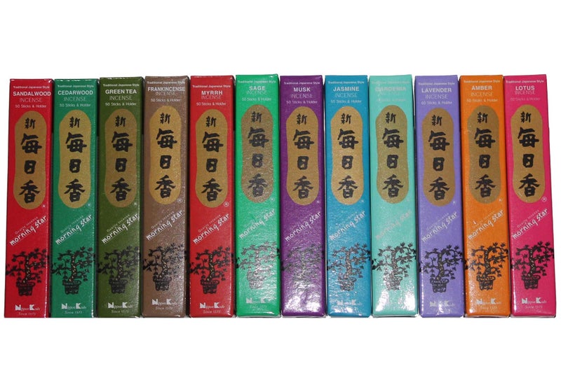 Morning Star Morning Star Nippon Kodo Incense  12 Fragrance Assortment Total 12x50 600 Sticks  Sandalwood Cedarwood Green Tea Frankincense Myrrh Sage Musk Jasmine Gardenia Lavender Amber Lotus 