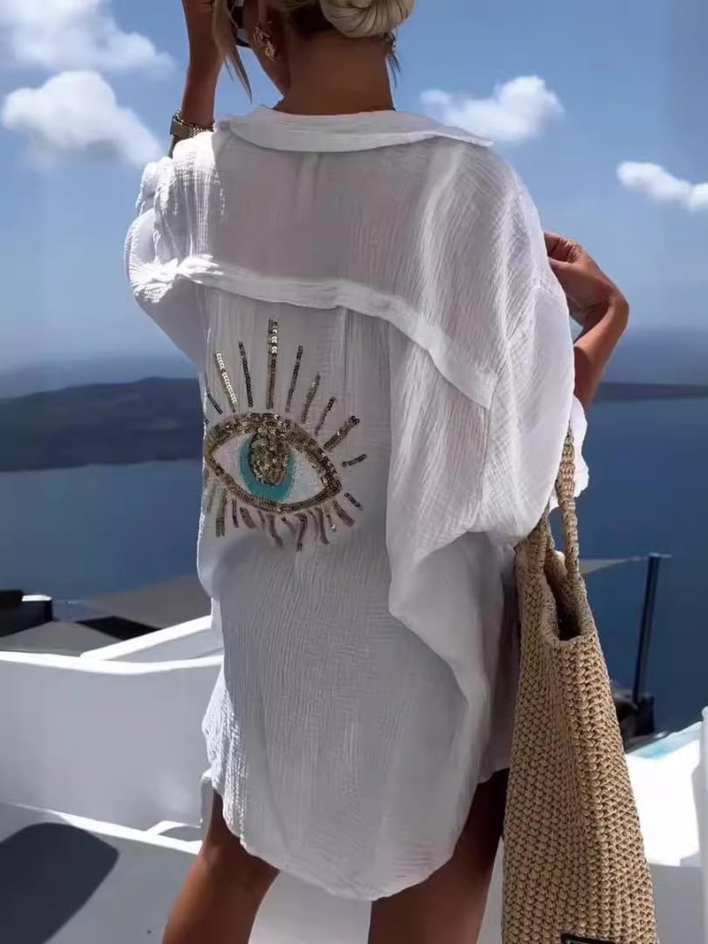 XPONNI Long Sleeve Linen Button Down Shirt Women Oversized Sequin Evil Eye Shirts Dress Beach Cover Ups Summer 2024 (White,XL,X-Large) - Image 5