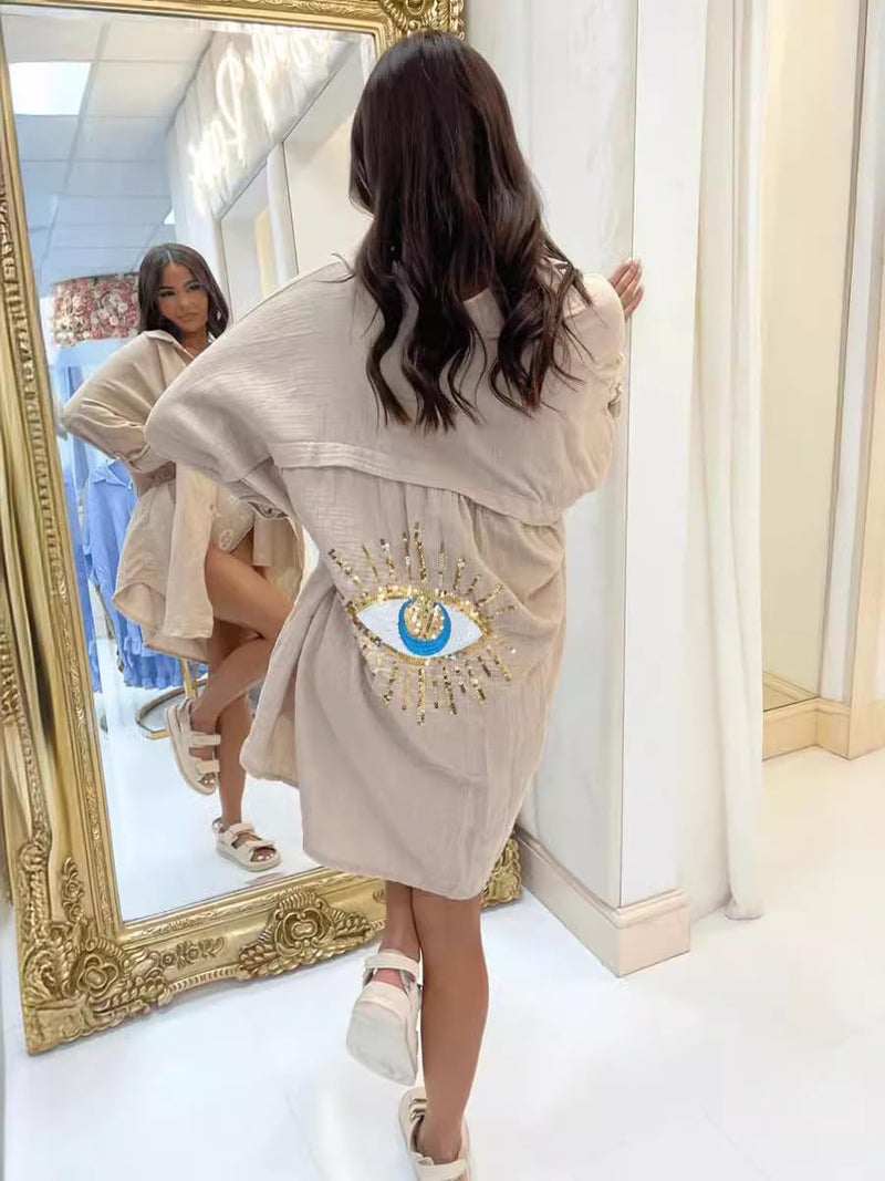 XPONNI Long Sleeve Linen Button Down Shirt Women Oversized Sequin Evil Eye Shirts Dress Beach Cover Ups Summer 2024 (White,XL,X-Large) - Image 3