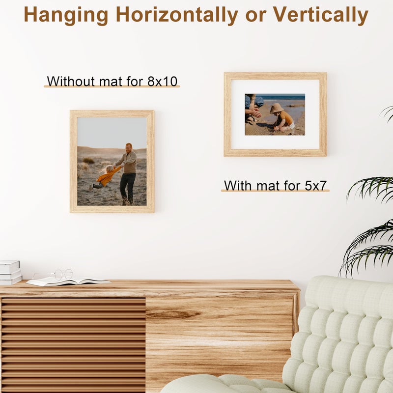 Vittanly 8x10 Picture Frame, Solid Wood Frame with Plexiglass, Includes 5x7 Mat, Wall Hanging or Tabletop for Home Decor, Natural, 1 Pack - Image 5
