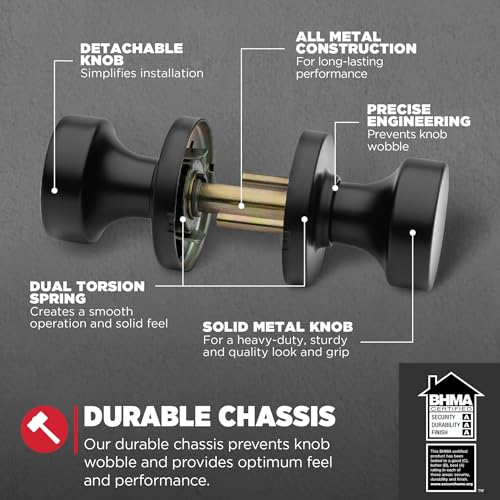 Kwikset مقبض باب داخلي كويكست بيزمو، مقبض لأبواب الخزائن والممرات، مقبض باب غير قفل باللون الأسود غير اللامع، مع حماية مايكروبان - Image 3