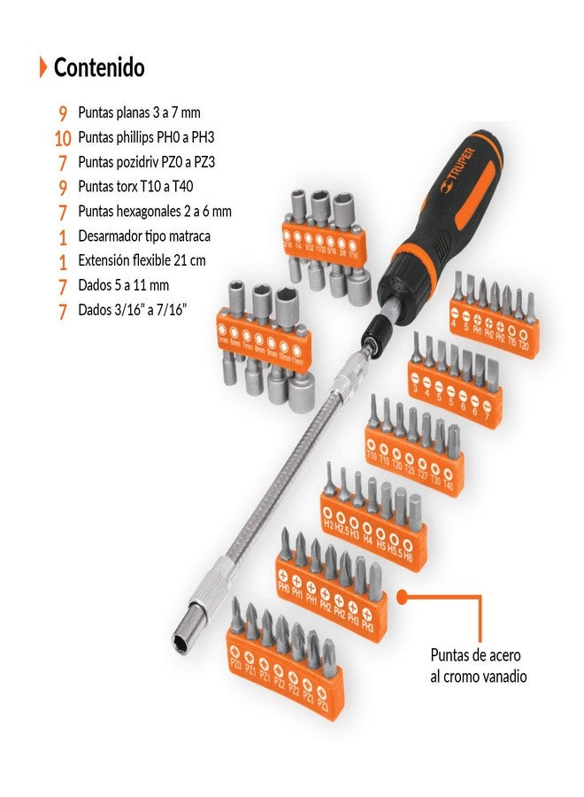Truper Ratchet Screwdriver Set with 42 Bits and 14 Sockets - 58 pieces - Image 3