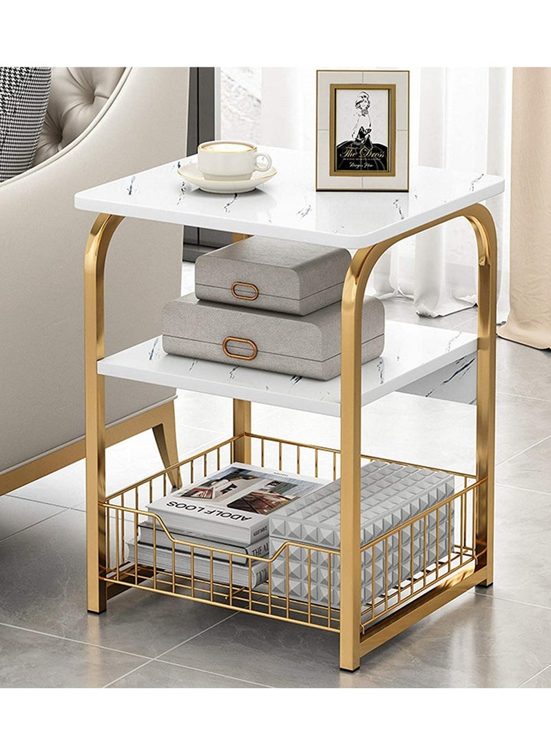 DubaiGallery Table Sofa Side Table Bedside Desk Nightstand with Storage Basket for Living Room Bedroom Office Balcony White Easy to Assemble  - Image 1