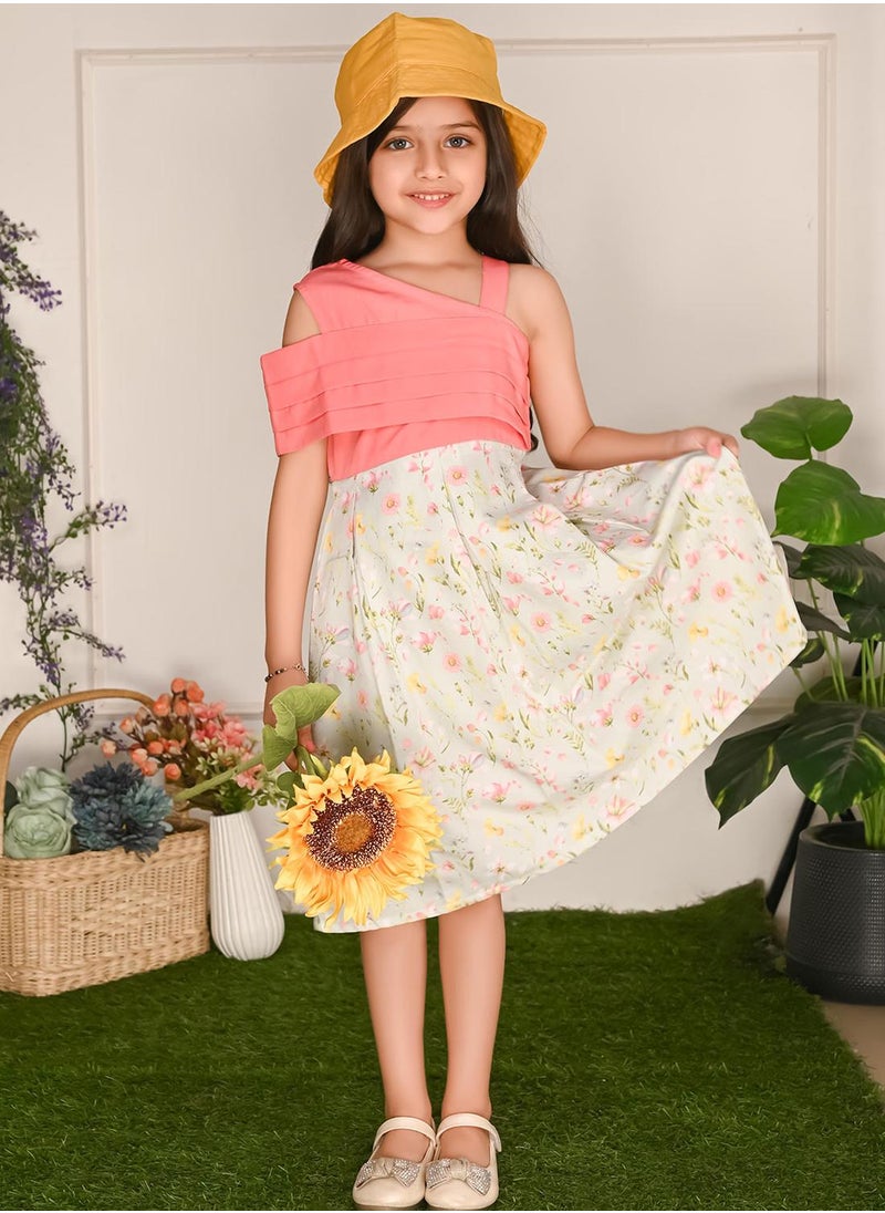 LILPICKS Pink Green Dresses Straight Fit made from Cotton featuring Self Design design and Round Neck neckline - Perfect for Festive!  - Image 1