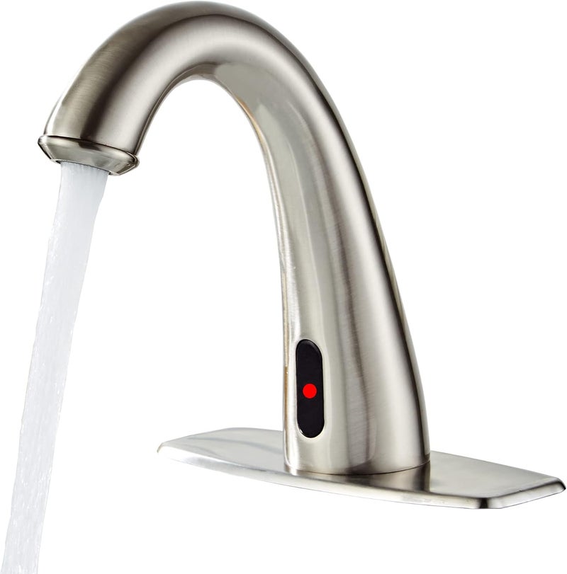 HOOMEE Automatic Touchless Bathroom Faucet Motion Sensor Activated Commercial Basin Sink Vantiy Hands Free Auto Infrared Mixer with Hole Cover Deck Plate Temperature Control Hot Cold Burshed Nickle - Image 1