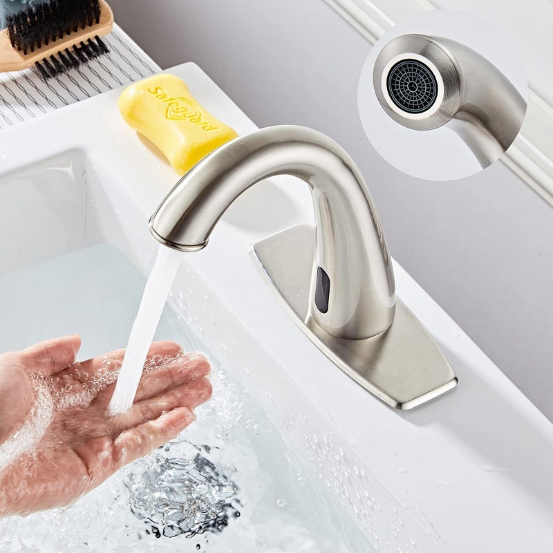 HOOMEE Automatic Touchless Bathroom Faucet Motion Sensor Activated Commercial Basin Sink Vantiy Hands Free Auto Infrared Mixer with Hole Cover Deck Plate Temperature Control Hot Cold Burshed Nickle - Image 3