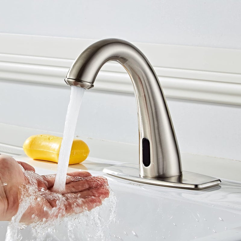 HOOMEE Automatic Touchless Bathroom Faucet Motion Sensor Activated Commercial Basin Sink Vantiy Hands Free Auto Infrared Mixer with Hole Cover Deck Plate Temperature Control Hot Cold Burshed Nickle - Image 2