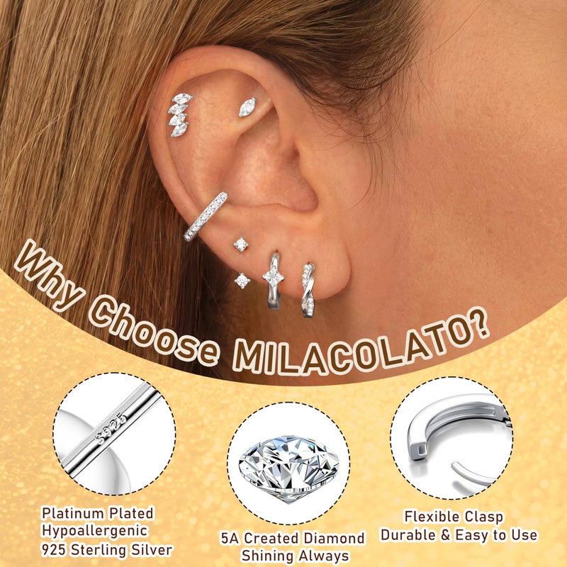 MILACOLATO 6 Pairs 925 Sterling Silver Earrings for Women Trendy, 14K Gold Plated Small Huggie Hoop Earrings Set, Hypoallergenic Stud Earring Stacks CZ Cartilage Earring Sets for Multiple Piercings - Image 2