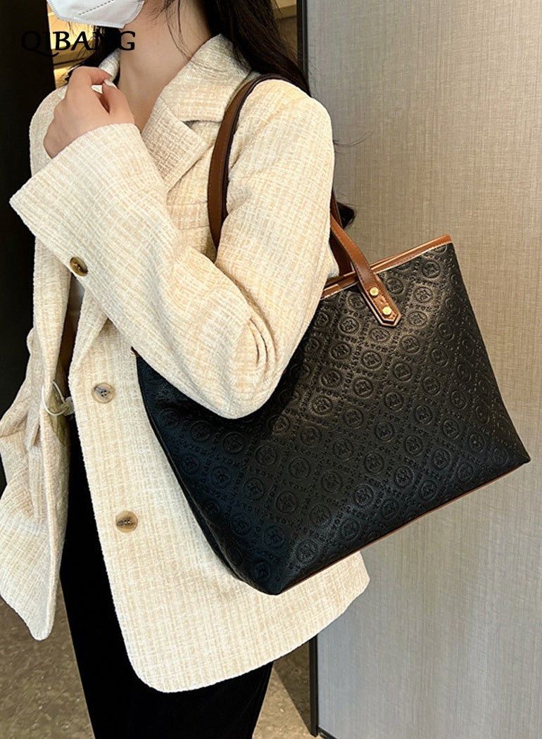 QIBANG Women's fashion casual large leather embossed shoulder bag, leather handbag women's top handle satchel tote bag - Image 2