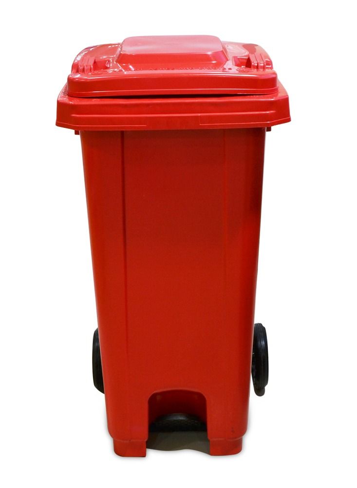 cleaning superstore Plastic Center Step Garbage Industrial Waste  Bin Trash Bin Dust Bin with Lid and Wheel - 120L Red - Image 1