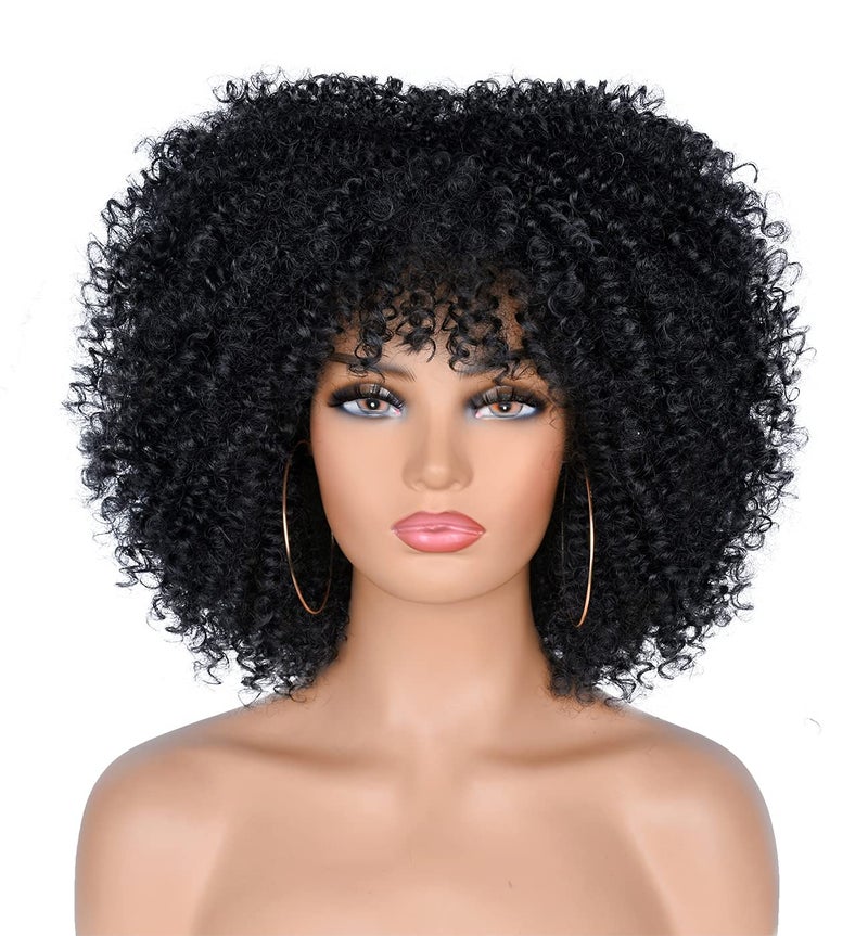 ANNISOUL 10Inch Short Curly Afro Wigs for Black Women Bomb Afro Kinky Curly Wig with Bangs Synthetic Fiber Full WigBlack