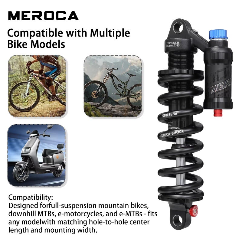 MEROCA Adjustable Air Spring Coil Over Shock Absorber for Mountain Bikes, 190-265mm, 550LBS Spring, Rebound, Compression, Preload, and Air Pressure (200-300 PSI) Fits MTB/Downhill/eBikes - Image 3