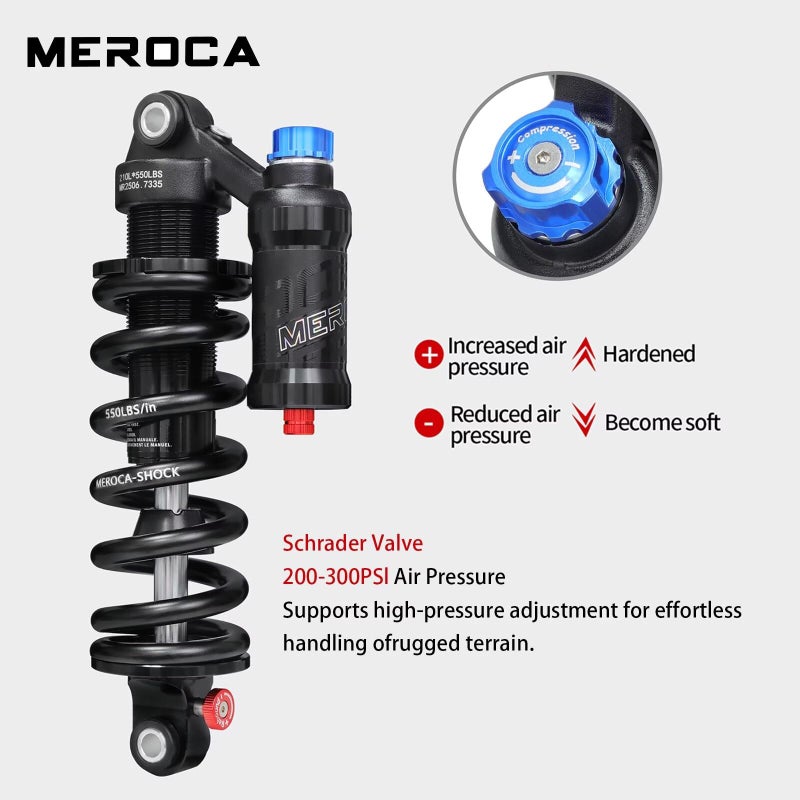 MEROCA Adjustable Air Spring Coil Over Shock Absorber for Mountain Bikes, 190-265mm, 550LBS Spring, Rebound, Compression, Preload, and Air Pressure (200-300 PSI) Fits MTB/Downhill/eBikes - Image 4